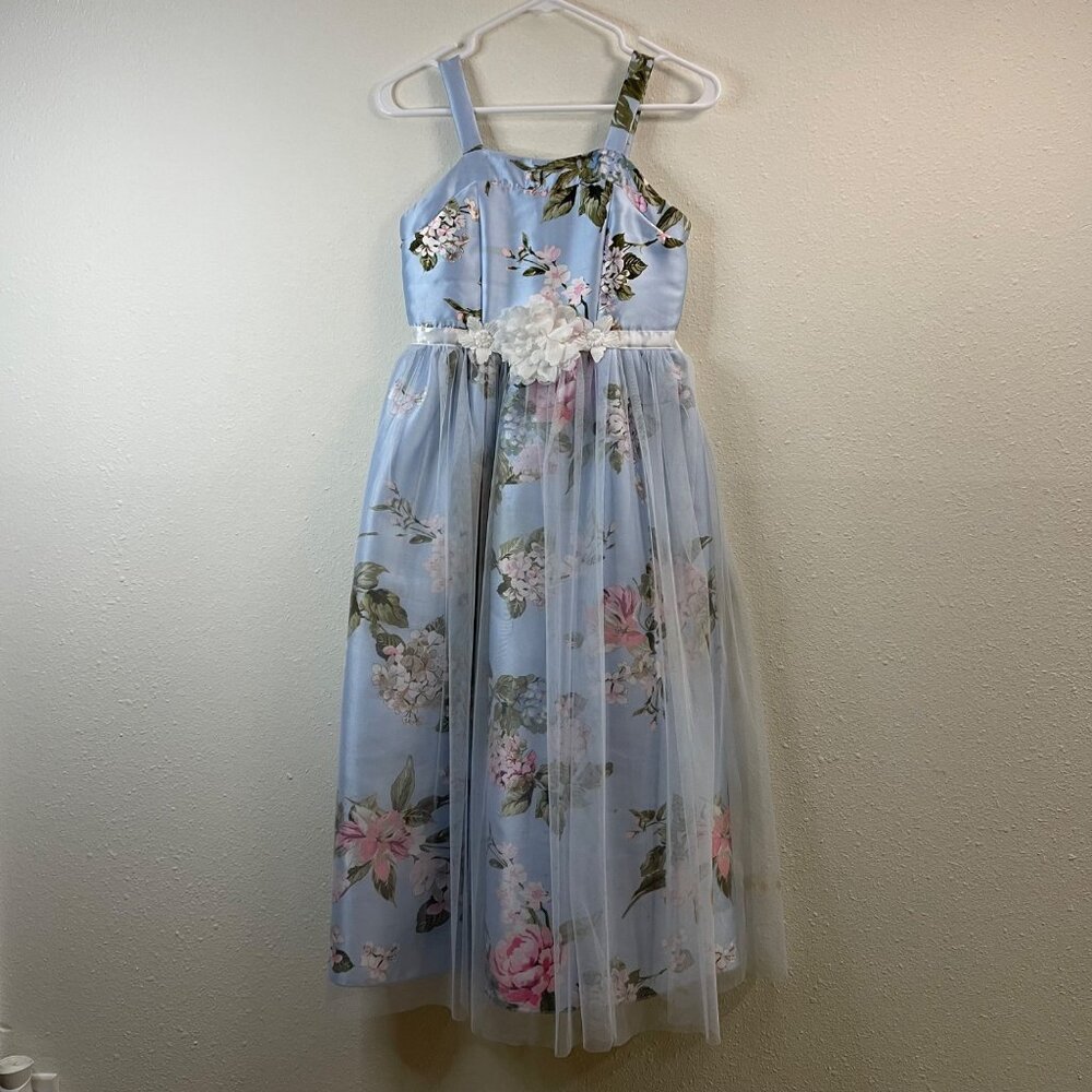 Floral Light Blue Sleeveless Girls Party Dress With Tulle Overlay & Satin Finish - Picture 2 of 14